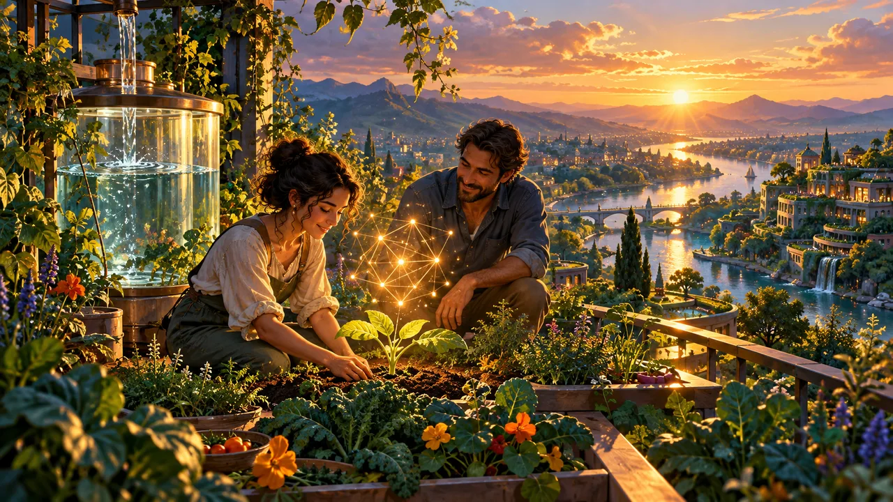 Imagined rooftop garden with two people, rainwater storage and a glowing AI network.
