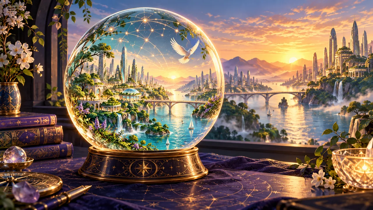 Imagined crystal globe containing a green future city, bridges and a white dove.